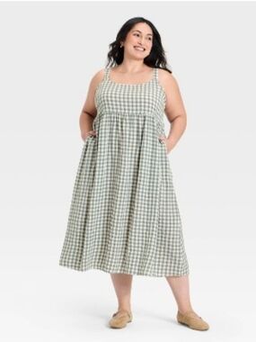 Women's Midi Empire Waist Dress - Ava & Viv Green Plaid 3X